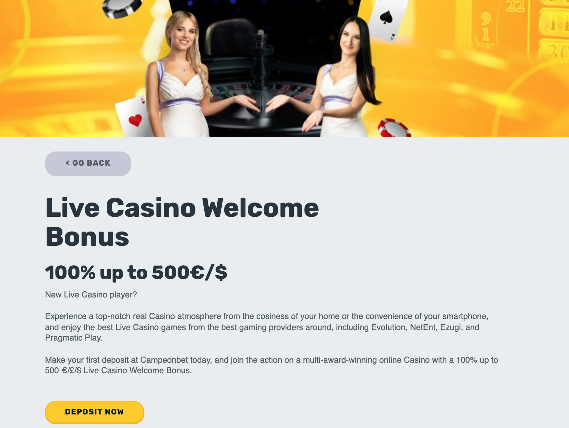 CampeonBet live casino welcome bonus