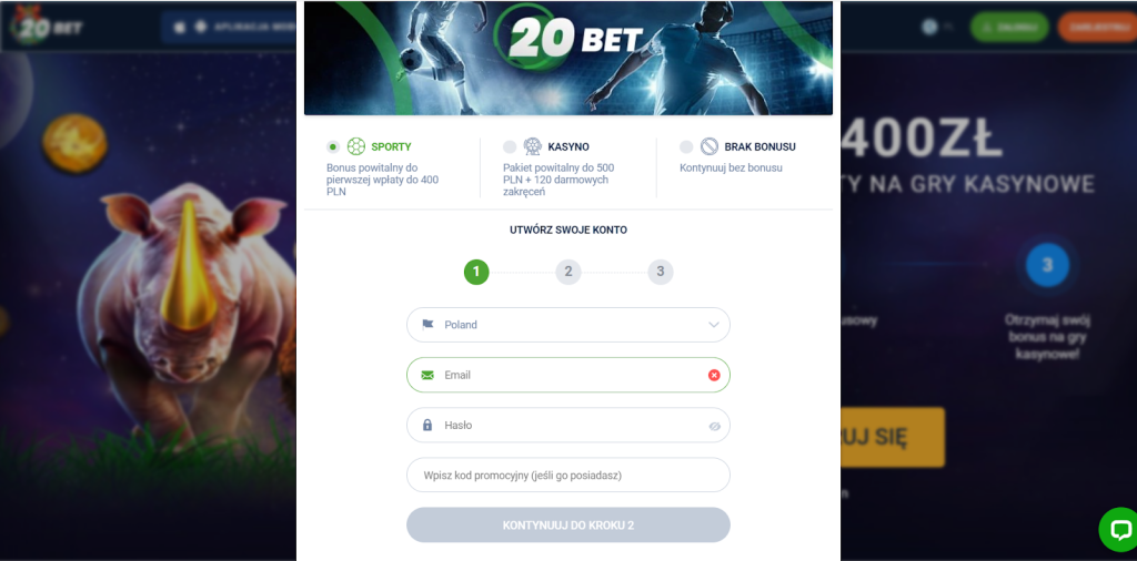 20 bet rejestracja kod promocyjny