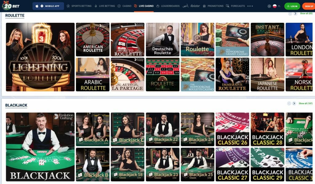 20Bet live casino games